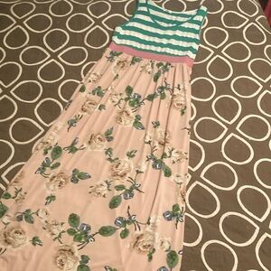 Floral Striped Dress- Green, Pink, Cream
